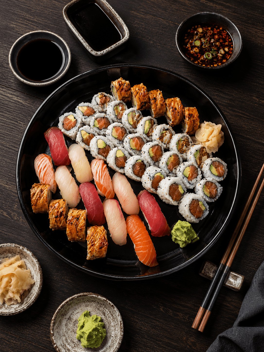 Selection of fresh sushi, sashimi and rolls at Yori Japanese Fusion